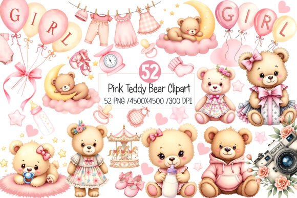 Charming Pink Teddy Bear Clipart for Baby Shower Designs