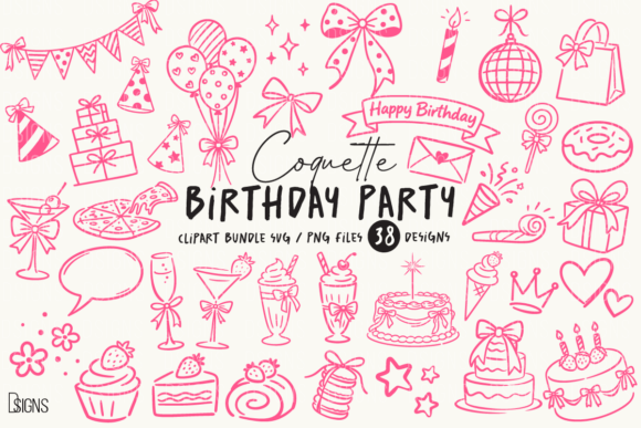 Coquette Birthday SVG Hand-Drawn Bundle: 38 Feminine Designs
