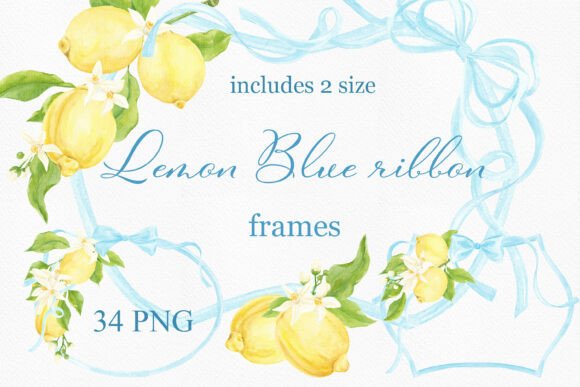Elegant Watercolor Blue Ribbon Lemon Frames for Designers