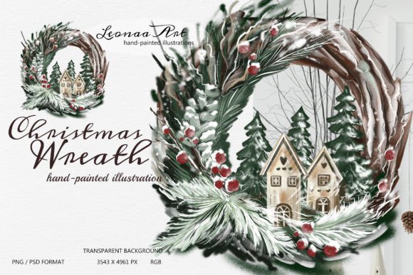 Elevate Your Holiday Projects with a Hand-Painted Christmas Wreath Illustration