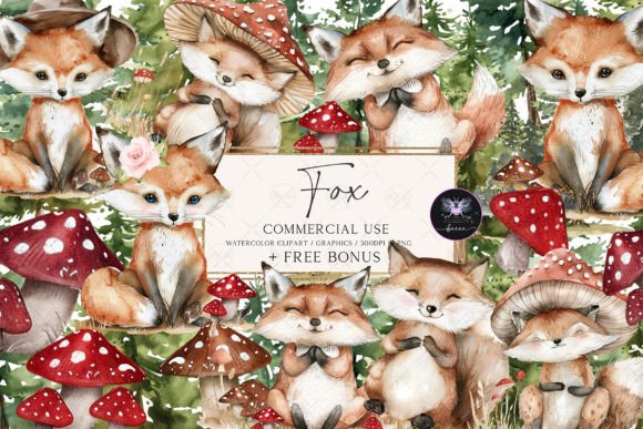 Forest Animals Watercolor Clipart: Enchanting Foxes & Fly Agarics