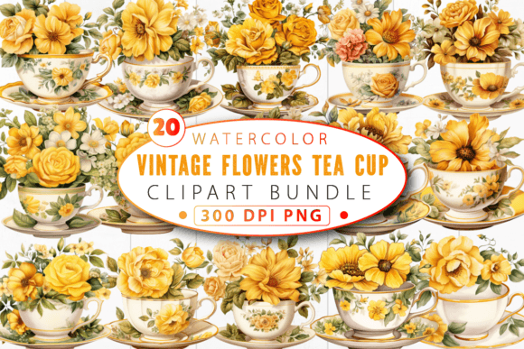 Vintage Flowers Yellow Tea Cup Clipart: A Designer's Nostalgic Toolkit