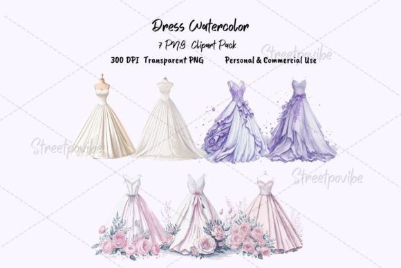 Wedding Dress Watercolor Clipart: Elegant Art for Creators